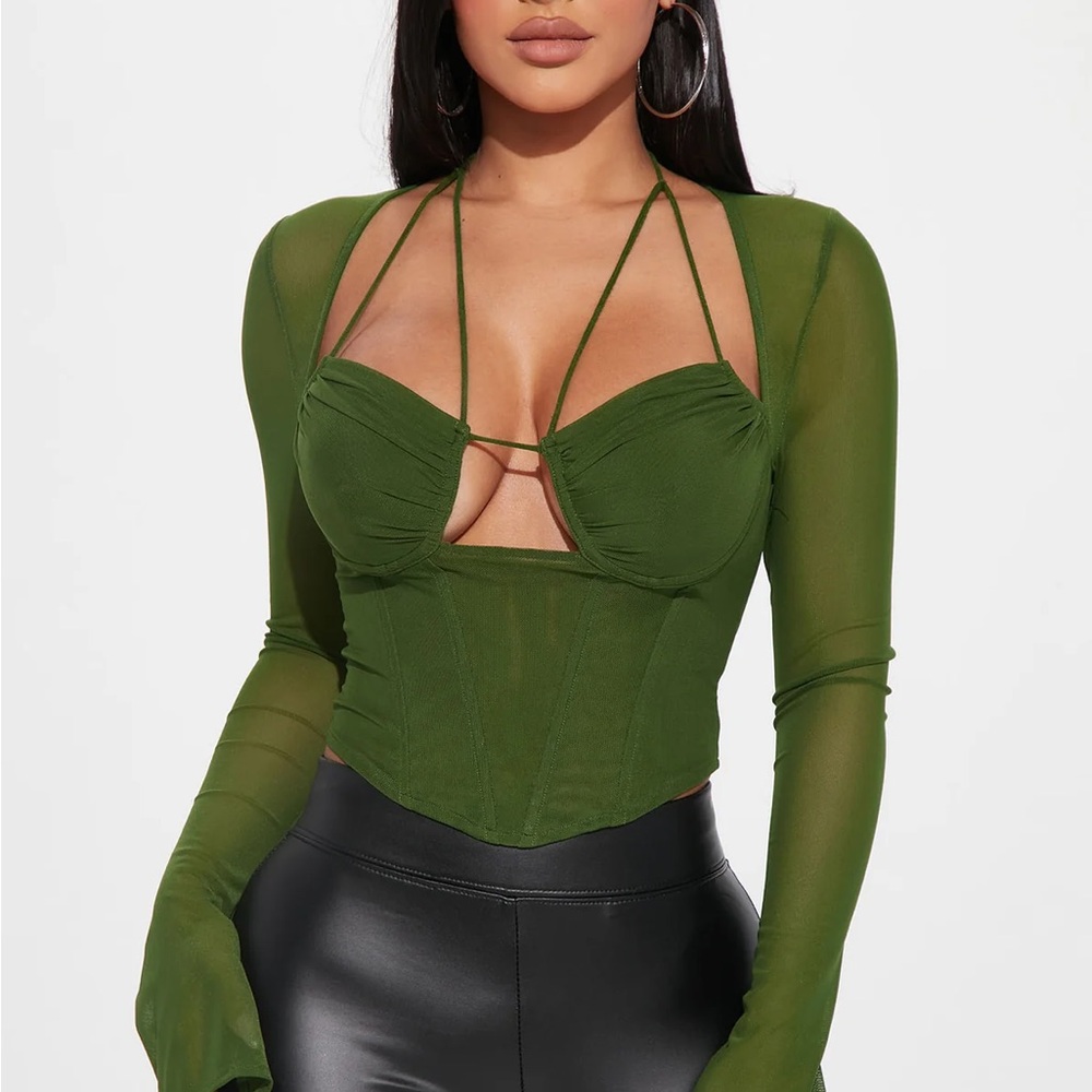 Fashion Nova Melanie Mesh Corset Top - Olive Green